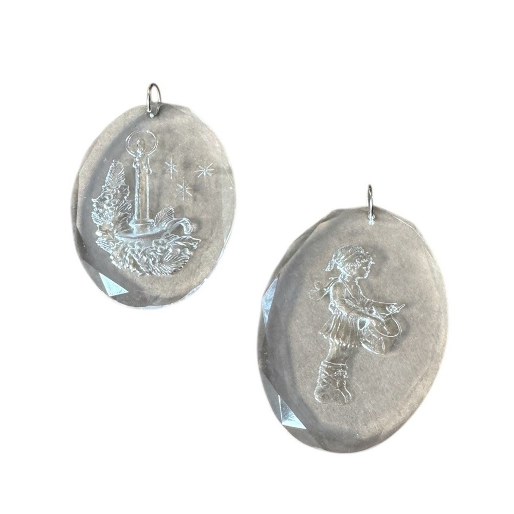 Vintage Pressed Lucite Acrylic Christmas Ornaments‎ Candle Holly and Little Drum